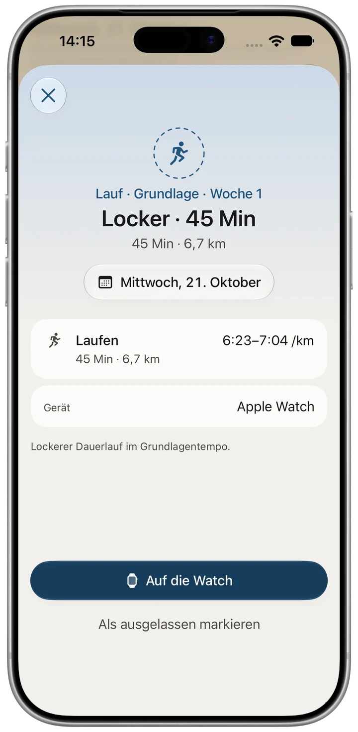Loribi: lockerer Lauf in der Grundlagenphase, 45 Minuten und 6,7 km am Mittwoch, mit dem Knopf „Auf die Watch“